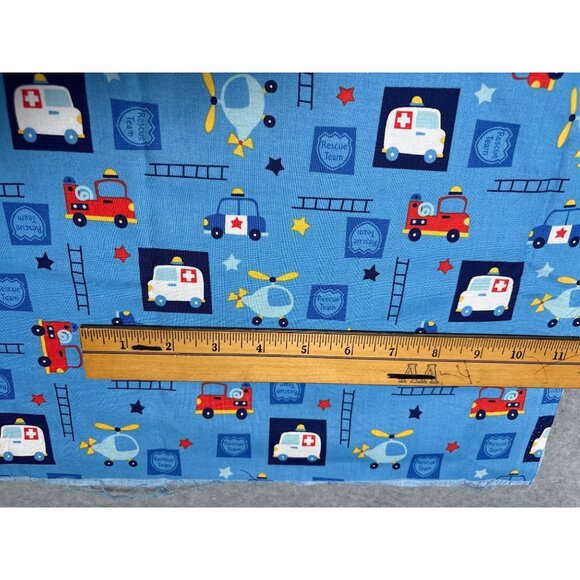 Rescue Team Print Cotton Fabric 23x34" Blue with Ambulances Helicopters Fire Tru - Picture 2 of 5
